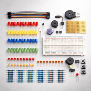 Breadboard Starter Bundle (3V/CR2032) mit LEDs, Widerständen, Taster, Fotowiderstand (GL5528), Poti, BC547, Buzzer, Jumperkabel und Lochrasterplatine