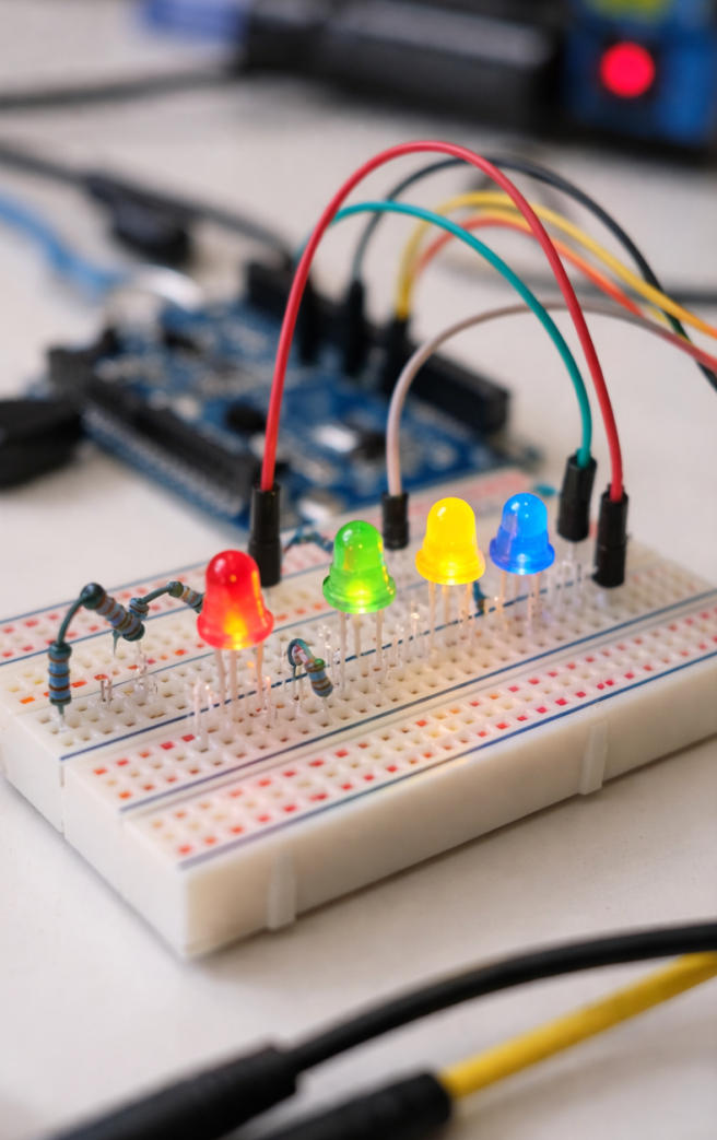 breadboard mit leds und dupomtkabel